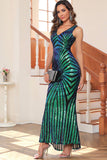 Black Sequin V-neck Sleeveless Mermaid Long Evening Party Dress