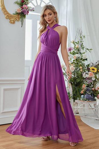 Purple Halter Neck A-line Long Bridesmaid Dress