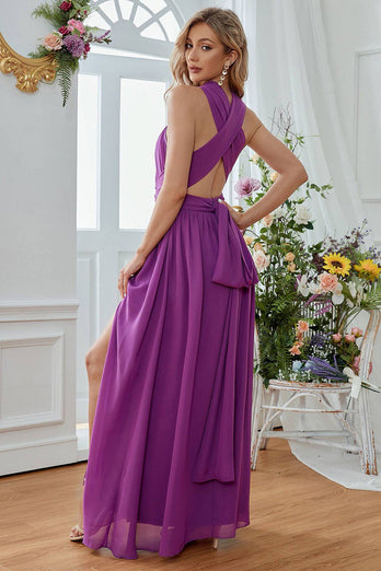 Purple Halter Neck A-line Long Bridesmaid Dress