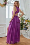 Purple Halter Neck A-line Long Bridesmaid Dress