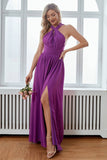 Purple Halter Neck A-line Long Bridesmaid Dress