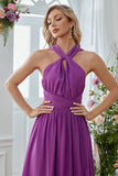 Purple Halter Neck A-line Long Bridesmaid Dress