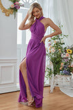 Purple Halter Neck A-line Long Bridesmaid Dress