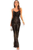 Black Sequin Spaghetti Strap Backless Bodycon Long Evening Dress