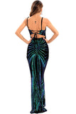 Black Sequin Spaghetti Strap Backless Bodycon Long Evening Dress