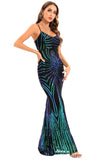 Black Sequin Spaghetti Strap Backless Bodycon Long Evening Dress