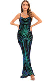 Black Sequin Spaghetti Strap Backless Bodycon Long Evening Dress