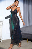 Black Sequin Spaghetti Strap Backless V-Neck Long Formal Dress