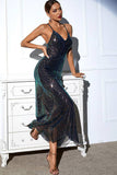 Black Sequin Spaghetti Strap Backless V-Neck Long Formal Dress