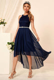 Navy Halter Neck Sleeveless A-line Chiffon Bridesmaid Dress