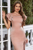 Blush Square Neck Cap Sleeves Bodycon Long Party Dress