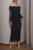 Off the Shoulder Black Tight Holiday Party Dress with Slit