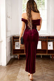 Burgundy Velvet Off the Shoulder Holiday Party Dress