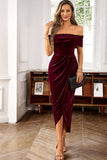 Burgundy Velvet Off the Shoulder Holiday Party Dress