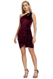 One Shoulder Velvet Holiday Party Dress with Pleated