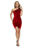 One Shoulder Velvet Holiday Party Dress with Pleated