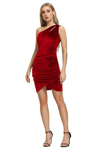 One Shoulder Velvet Holiday Party Dress with Pleated