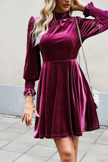 Burgundy Long Sleeves A Line Velvet Holiday Party Dress