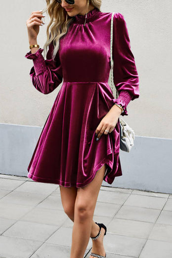 Burgundy Long Sleeves A Line Velvet Holiday Party Dress