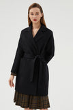 Black Long Notched Lapel Reversible Wool Coat with Belt