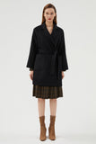 Black Long Notched Lapel Reversible Wool Coat with Belt