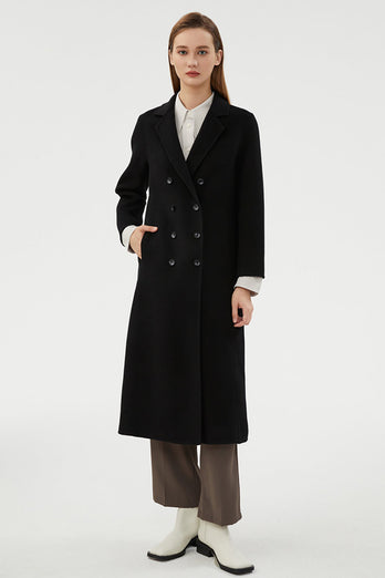 Black Double Breasted Notched Lapel Slim Simple Long Wool Coat With Pockets