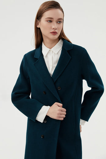 Black Double Breasted Notched Lapel Slim Simple Long Wool Coat With Pockets