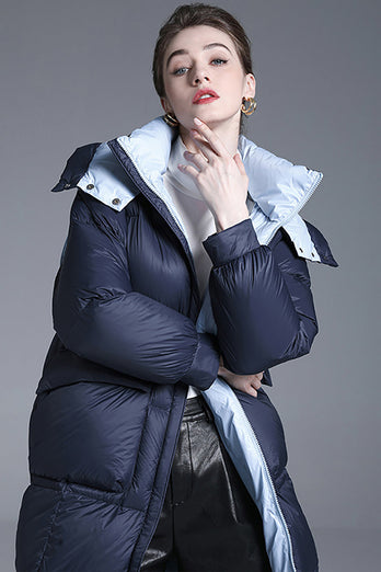 Navy Long Winter Down Jacket With Pockets