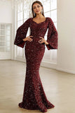 Burgundy Sparkly Sequin Mermaid Long Holiday Dress