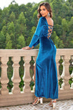 Blue Velvet Square Neck Sheath Holiday Dress With Slit