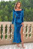 Load image into Gallery viewer, Blue Velvet Square Neck Sheath Holiday Dress With Slit