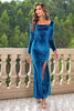 Load image into Gallery viewer, Blue Velvet Square Neck Sheath Holiday Dress With Slit