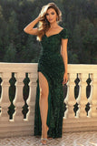 Sparkly Sequin Dark Green Short Sleeve Sweetheart Holiday Dress