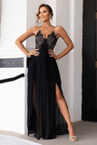 Black Spaghetti Straps Applique Long Holiday Dress With Slit