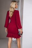 Black Ruched Long Sleeve Short Party Dress With Ruffles