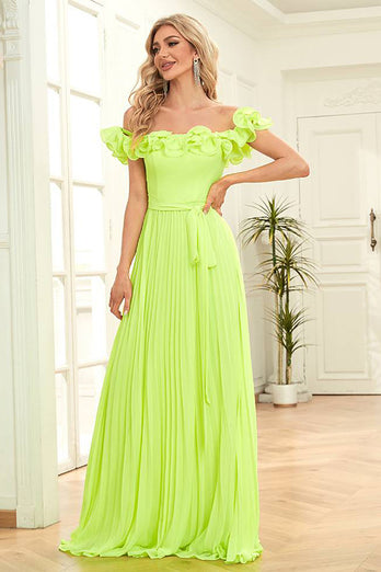 Off the Shoulder Green A-Line Formal Dress with Pleated