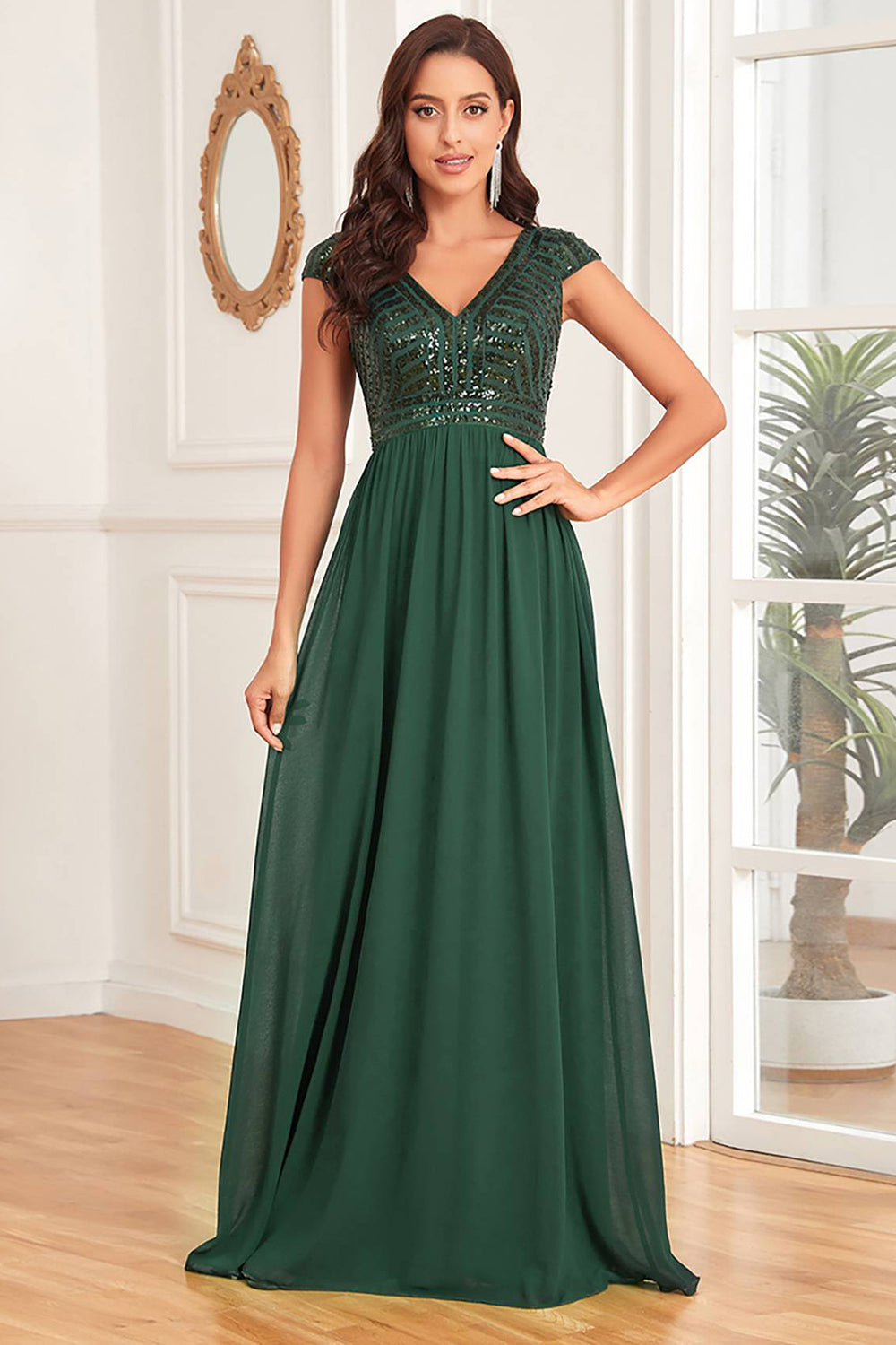 Dark Green V-Neck A Line Formal Dress with Sequins