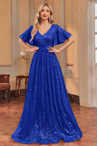 Royal Blue Sequins A-Line V-Neck Formal Dress