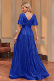 Royal Blue Sequins A-Line V-Neck Formal Dress