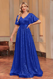 Royal Blue Sequins A-Line V-Neck Formal Dress