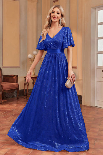 Royal Blue Sequins A-Line V-Neck Formal Dress