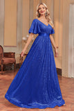 Royal Blue Sequins A-Line V-Neck Formal Dress