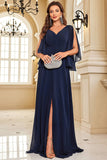 Navy Batwing Sleeves Chiffon Formal Dress with Slit