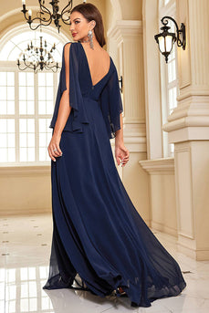 Navy Batwing Sleeves Chiffon Formal Dress with Slit