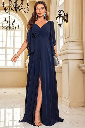 Navy Batwing Sleeves Chiffon Formal Dress with Slit
