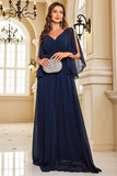 Navy Batwing Sleeves Chiffon Formal Dress with Slit