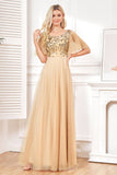 Bat Sleeves A Line Tulle Champagne Formal Dress with Sequins