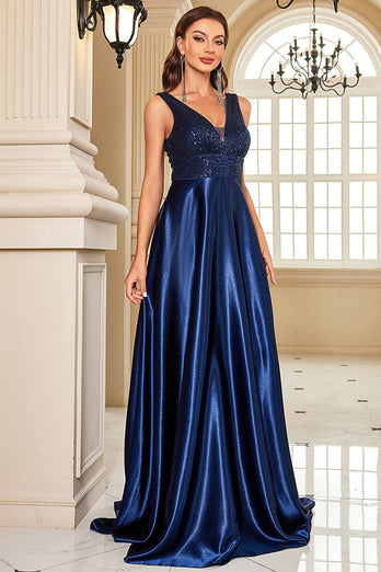 Navy Satin A-Line Formal Dress with Sequins