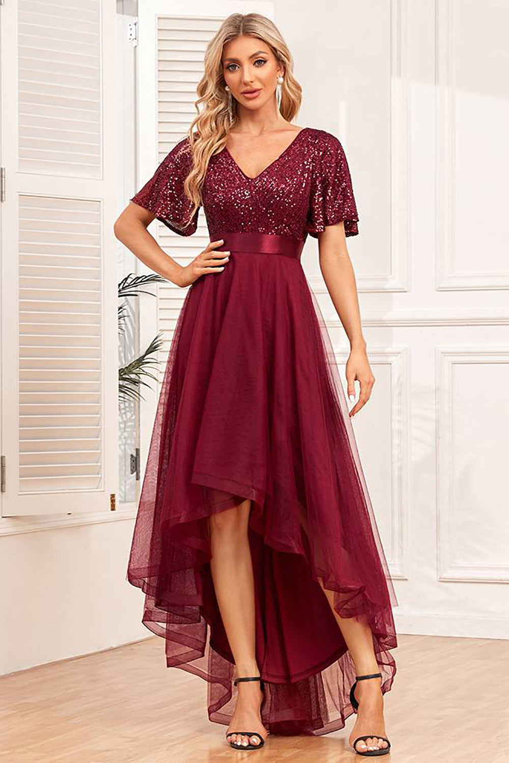 Burgundy High-low A-Line Formal Dress with Sequins
