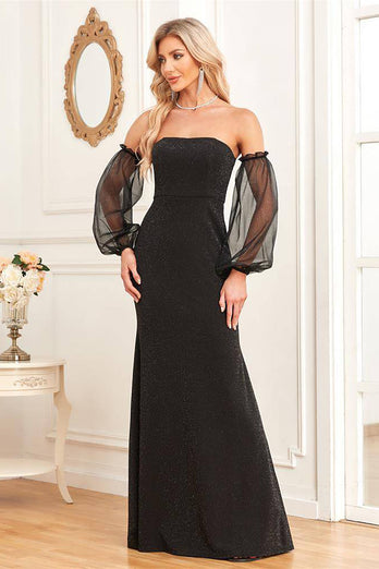 Detachable Sleeves Black Sheath Sparkly Formal Dress